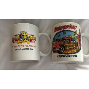Set Of 2 Kona Hawaii Coffee Mugs Surfin Ass & Bad Ass Designs 11 Oz
